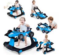 Maxmass Baby Walker, 4 in 1 Infant Sit-to-Stand Walker with Adjustable Height & Speed, Lockable Rear Wheels and Detachable Seat Cushion, Foldable Toddler Activity Walker for 6-18 Months (Navy)