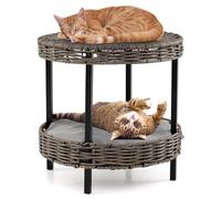 Maxmass Cat Bed, 2-tier Rattan Cat Nest with Removable Padded Cushion, Modern Cats Condo Footstool Side Table for Cats Kittens, 38 x 38 x 38 cm