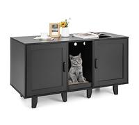Maxmass Cat Litter Box Enclosure, 3 in 1 Hidden Kitty Washroom Toilet with 2 Doors, Scratching Board & Detachable Legs, TV Stand Cabinet Wooden Cats House for Living Room Bedroom (Black)