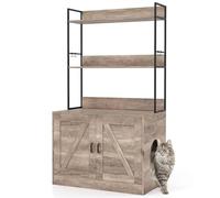 Maxmass Cat Litter Box Enclosure, Wooden Cat House with 2-Door Cabinet and 3-tier Storage Shelves, Hidden Kitten Washroom Furniture for Indoor Cats