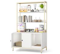 Maxmass Cat Litter Box Enclosure, Wooden Cat House with Removable Scratching Pad & 3-tier Storage Shelves, Hidden Kitten Washroom Furniture for Indoor Cats (White + Gold)