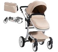Maxmass Foldable Baby Pushchair, Lightweight Infant Stroller with Adjustable Handle & Canopy, Removable Foot Cover & Mosquito Net, Convertible Seat, Storage Bag, Toddler Buggy for 0-3 Year Old (Beige)