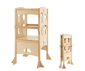 Maxmass Folding Kids Step Stool, Wooden Standing Tower with Height-Adjustable Platform, 4-Sided Guardrails & Safety Latches, Toddlers Kitchen Helper for Bathroom, Dining Room (Natural)