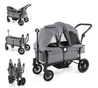 Maxmass Folding Stroller Wagon for 2 Kids, Double Baby Stroller with Removable Canopy, Adjustable Handle, Food Tray, 3-Point Harness & Cup Holder, Infant Pushchair for Outdoor (Gray)