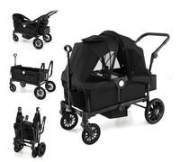 Maxmass Folding Stroller Wagon for 2 Kids, Double Baby Stroller with Removable Canopy, Adjustable Handle, Food Tray, 3-Point Harness & Cup Holder, Infant Pushchair for Outdoor (Black)