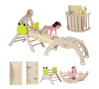 Maxmass Kids Climbing Frame, Toddler Climbing Set with Arch, Reversible Ramp, Indoor Children Climber Toy Set Montessori Play Gym for Boys Girls (Natural, 7 in 1 Frog-Themed: 189.5 x 55 x 59 cm)