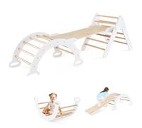 Maxmass Kids Climbing Triangle Set, 3-in-1 Toddler Climber with Ladder, Reversible Ramp & Arch, Wooden Climbing Playground for Indoor & Outdoor (White+Natural)