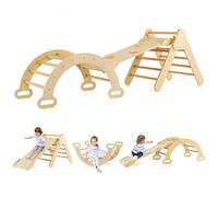 Maxmass Kids Climbing Triangle Set, 3-in-1 Toddler Climber with Ladder, Reversible Ramp & Arch, Wooden Climbing Playground for Indoor & Outdoor (Natural)