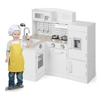 Maxmass Kids Corner Kitchen Playset, Wooden Play Kitchen with Microwave, Oven, Sink, Stove, Refrigerator, Water Dispenser and Utensils, Role-Play Toy Kitchen Cooking Set for 3+ Year Old (8-in-1)