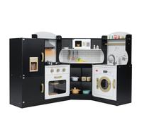 Maxmass Kids Corner Kitchen, Wooden Children Play Kitchen with Light & Sound, Ice Dispenser, Accessory Utensils, Toddler Role Play Cooking Playset for Girls Boys (Black without Telephone)