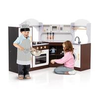 Maxmass Kids Corner Kitchen, Wooden Children Play Kitchen with Light & Sound, Ice Dispenser, Accessory Utensils, Toddler Role Play Cooking Playset for Girls Boys (Brown without Telephone & Range Hood)