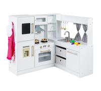 Maxmass Kids Corner Kitchen, Wooden Children Play Kitchen with Lights, Sounds, Water Circulation System, Ice Maker, Chalkboard, Telephone, Role Play Kitchen Pretend Cooking Set for Boys Girls (White)