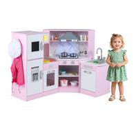 Maxmass Kids Corner Kitchen, Wooden Children Toy Kitchens with Separated Washing Basin, Lights and Sounds, Ice Maker, Chalkboard, Toddler Role Pretend Kitchen Playset for 3 + Years Old (Pink)