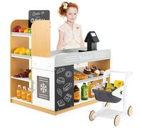 Maxmass Kids Grocery Store, Wooden Toddler Pretend Play Shop with Shopping Trolley, Scanner, Children Role Play Supermarket Set for 3+ Years Old (With Cash Register, Calculator, Money Box)