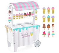 Maxmass Kids Ice Cream Cart, Wooden Toddlers Role Play Grocery Store with 12 Ice Creams, Wheels, Canopy, Display Rack & Sliding Frozen Compartment, Children Dessert Shop Trolley Playset for Boys Girls