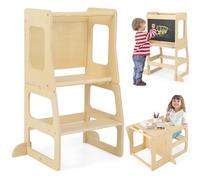 Maxmass Kids Learning Tower, 3 in 1 Toddler Step Stool with Chalkboard, Safety Rail, Weaning Table & Stool, Wooden Children Kitchen Helper for Toddlers
