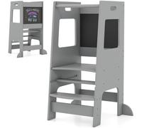 Maxmass Kids Learning Tower, Toddler Step Stool with Chalkboard, Adjustable Height Step and Safety Rail, Wooden Kitchen Helper for Children (Grey)