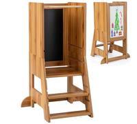 Maxmass Kids Learning Tower, Wooden Toddler Step Stool with 3 Height Adjustable Platform & Footstep, Safety Rail, Chalkboard and Whiteboard, Children Kitchen Helper for Toddlers (Natural)