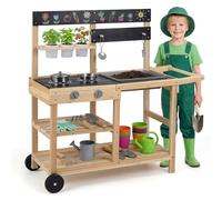 Maxmass Kids Mud Kitchen, Outdoor Garden Potting Bench with 3 Planting Pots, 2 Stoves, Removable Sink, Blackboard, Children Play Kitchen Backyard Toddler Toy Kitchens Pretend Set for 3+ Years Old