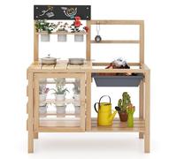 Maxmass Kids Mud Kitchen, Outdoor Potting Bench Table with 12 Plant Cups, Sink, Stoves, Blackboard, Accessories, Garden Children Role Play Kitchen Toy Set for 3+ Years Old Boys Girls