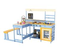 Maxmass Kids Mud Kitchen, Outdoor Toddler Play Kitchens with Picnic Table, Bench, Blackboard, Dessert Accessories, Kitchenware, Wooden Children Toy Kitchen Playset for 3+ Years Old (Blue+yellow)