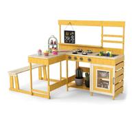 Maxmass Kids Mud Kitchen, Outdoor Toddler Play Kitchens with Picnic Table, Bench, Blackboard, Dessert Accessories, Kitchenware, Wooden Children Toy Kitchen Playset for 3+ Years Old (Yellow)