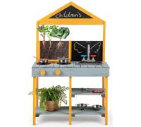 Maxmass Kids Mud Kitchen, Outdoor Wooden Children Play Kitchens with See-Through Planter Box, 2 Chalkboard, Sink, Faucet, Garden Toddler Toy Kitchen Cooking Playset for 3+ Years Old (Blue+Yellow)