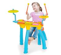 Maxmass Kids Piano and Drum Set, 24-Key Electric Keyboard Drum Kit with 2 Drum Sticks, LED Lights, Headset & Microphone, MP3, Record, Stool, Children Music Instrument Toys Set for Boys Girls (Blue)