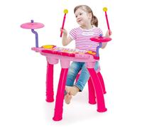 Maxmass Kids Piano and Drum Set, 24-Key Electric Keyboard Drum Kit with 2 Drum Sticks, LED Lights, Headset & Microphone, MP3, Record, Stool, Children Music Instrument Toys Set for Boys Girls (Pink)