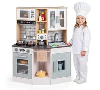 Maxmass Kids Play Kitchen, Wooden Children Pretend Kitchen with Sounds & Lights, Ice Maker, Coffee Machine, Stove, Sink, Range Hood, Microwave, Toddler Toy Kitchen Cooking Playset (Grey + White)