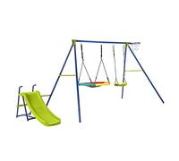 Maxmass Kids Swing Set, 4-in-1 Metal Swing Frame with Adjustable Saucer Swing & Belt Swing, Slide and Basketball Hoop, Outdoor Swing Playground Playset for Garden Backyard Blue + Green 110MAX92