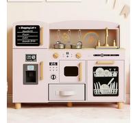 Maxmass Kids Toy Kitchen Playset, Wooden Children Pretend Kitchens with Ice Maker, Sink, Blackboard, Acrylic Board, Utensils, Toddler Play Kitchen Role Play Cooking Set for 3+ Years Old (Pink)
