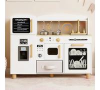 Maxmass Kids Toy Kitchen Playset, Wooden Children Pretend Kitchens with Ice Maker, Sink, Blackboard, Acrylic Board, Utensils, Toddler Play Kitchen Role Play Cooking Set for 3+ Years Old (White)