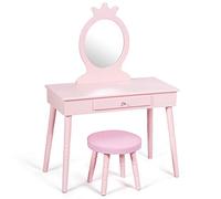 Maxmass Kids Vanity Table Set, Children Dressing Table and Stool with Mirror & Drawer, Girls Wooden Makeup Dresser Furniture for Bedroom Playroom (Pink)