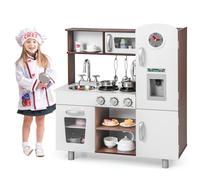 Maxmass Kids Wooden Play Kitchen, Pretend Kitchen Playset with Realistic Lights & Sounds, Water Dispenser and Clock, Children Cooking Role Play for Boys Girls Gift (White + Brown)