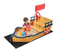 Maxmass Kids Wooden Sandpit, Children Large Sandbox with Non-woven Fabric, Storage Benches and Backrest & Armrest, Pirate Ship Sandboat for Outdoor Backyard Garden Beach