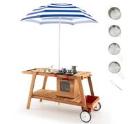 Maxmass Kids Wooden Toy Cart, Pretend Role Play Kitchen with Removable Umbrella, Storage Box and Abundant Accessories, Outdoor Children Food Trolley for Boys Girls