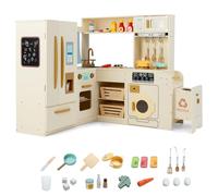 Maxmass Large Kids Corner Kitchen, Wooden Children Role Play Kitchen Set with Lights & Sounds, Fridge, Ice Maker, Trash Can, 22 Accessories, Toddler Pretend Kitchens Toy for 3+ Years Old (Beige)