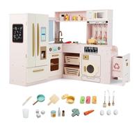 Maxmass Large Kids Corner Kitchen, Wooden Children Role Play Kitchen Set with Lights & Sounds, Fridge, Ice Maker, Trash Can, 22 Accessories, Toddler Pretend Kitchens Toy for 3+ Years Old (Pink)