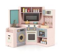 Maxmass Large Kids Corner Kitchen, Wooden Children Toy Kitchen with Light, Sounds, Pull-Out Trash Can, Microwave, Washer, Sink, Toddler Role Play Kitchens Cooking Playset for 3+ Years Old (Pink)
