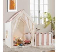 Maxmass Large Kids Play Tent, Children Play House with Playpen, Star Lights, Washable Cotton Mat, 2 in 1 Indoor Toddler Playhouse Castle Fairy Tents for 3+ Years Old Girls Boys (Beige+Coffee)