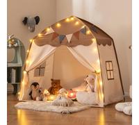 Maxmass Large Kids Play Tent, Toddler Playhouse with String Lights, Flag Banner, 2 Windows, Indoor Outdoor Castle Fairy Children Play House for Boys Girls, 157 x 98 x 148cm (Beige + Coffee)