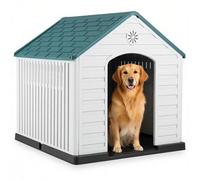 Maxmass Plastic Dog House, Weather-Resistant Dog Kennel with Roof, Elevated Floor, Air Vents, Indoor Outdoor Pet House Waterproof Pet Cage Large Pet Shelter for Dogs Cats Rabbits (Dark Blue+White)