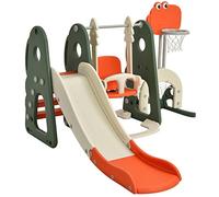 Maxmass Toddler Slide and Swing Set, Children Playground Playset with Basketball Hoop, Long Slide and Climb Ladder, Indoor Outdoor Kids Play Area for Boys Girls (Orange+Green, 173x191x120cm)