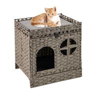 Maxmass Wicker Cat House, 2-tier Rattan Hidden Kitten Condo with Litter Mat, Washable Cushions and Flip-down Door, Foldable Cat Litter Box for Bedroom Living Room
