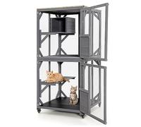 Maxmass Wooden Cat House, Kitty Cage with Water-resistant Asphalt Roof, Built-in Condo, Lockable Wheels, Hinged Door and Sliding Door, Pet Shelter Enclosure for Outdoor Indoor (76 x 80 x 163 cm)
