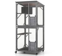 Maxmass Wooden Cat House, Kitty Cage with Water-resistant Asphalt Roof, Built-in Condo, Lockable Wheels, Hinged Door and Sliding Door, Pet Shelter Enclosure for Outdoor Indoor (80 x 70 x 182 cm)