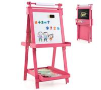 Maxmass Wooden Kids Art Easel, Double-Sided Height Adjustable Children Painting Blackboard Magnetic Whiteboard with Paper Roll, 3 Paint Cups, Foldable Toddler Drawing Board for 3+ Years Old (Pink)