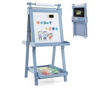 Maxmass Wooden Kids Art Easel, Double-Sided Height Adjustable Children Painting Blackboard Magnetic Whiteboard with Paper Roll, 3 Paint Cups, Foldable Toddler Drawing Board for 3+ Years Old (Blue)