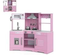 Maxmass Wooden Kids Corner Kitchen, Children Toy Kitchens with Lights & Sounds, Range Hood, Ice Maker, Sink, Telephone, Coffee Maker, Utensils, Toddler Role Play Kitchens for 3 + Years Old (Pink)